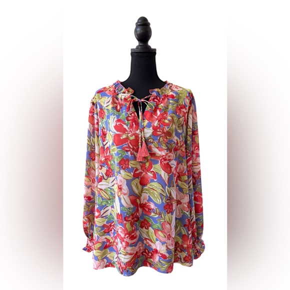 Belle by Kim Gravel Tops - Belle by Kim Gravel: Vibrant Floral Blouse with Tassel Detail